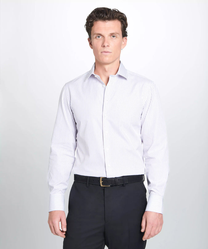 White & Purple Tailored Fit Striped Poplin Formal Shirt