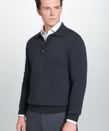 Grey Merino Wool Long Sleeve Polo Shirt