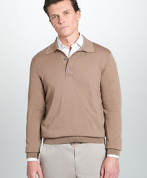 Camel Merino Wool Long Sleeve Polo Shirt