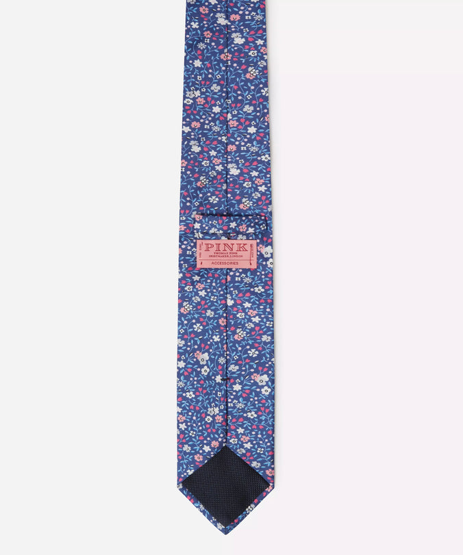 Blue & Pink Small Floral Silk Printed Tie