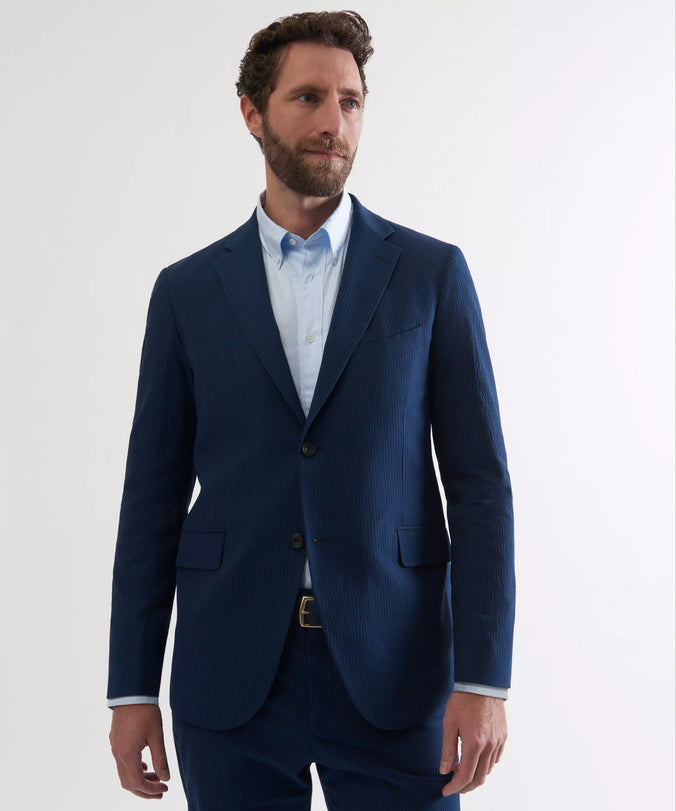Blue & Navy Tailored Fit Stripe Seersucker Jacket