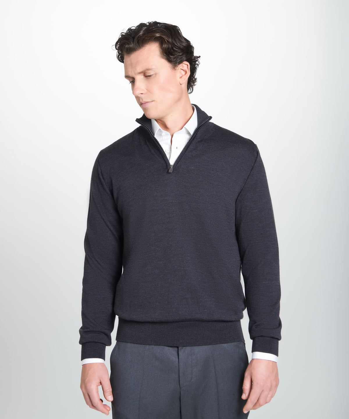 Grey Merino Wool Zip Neck Sweater