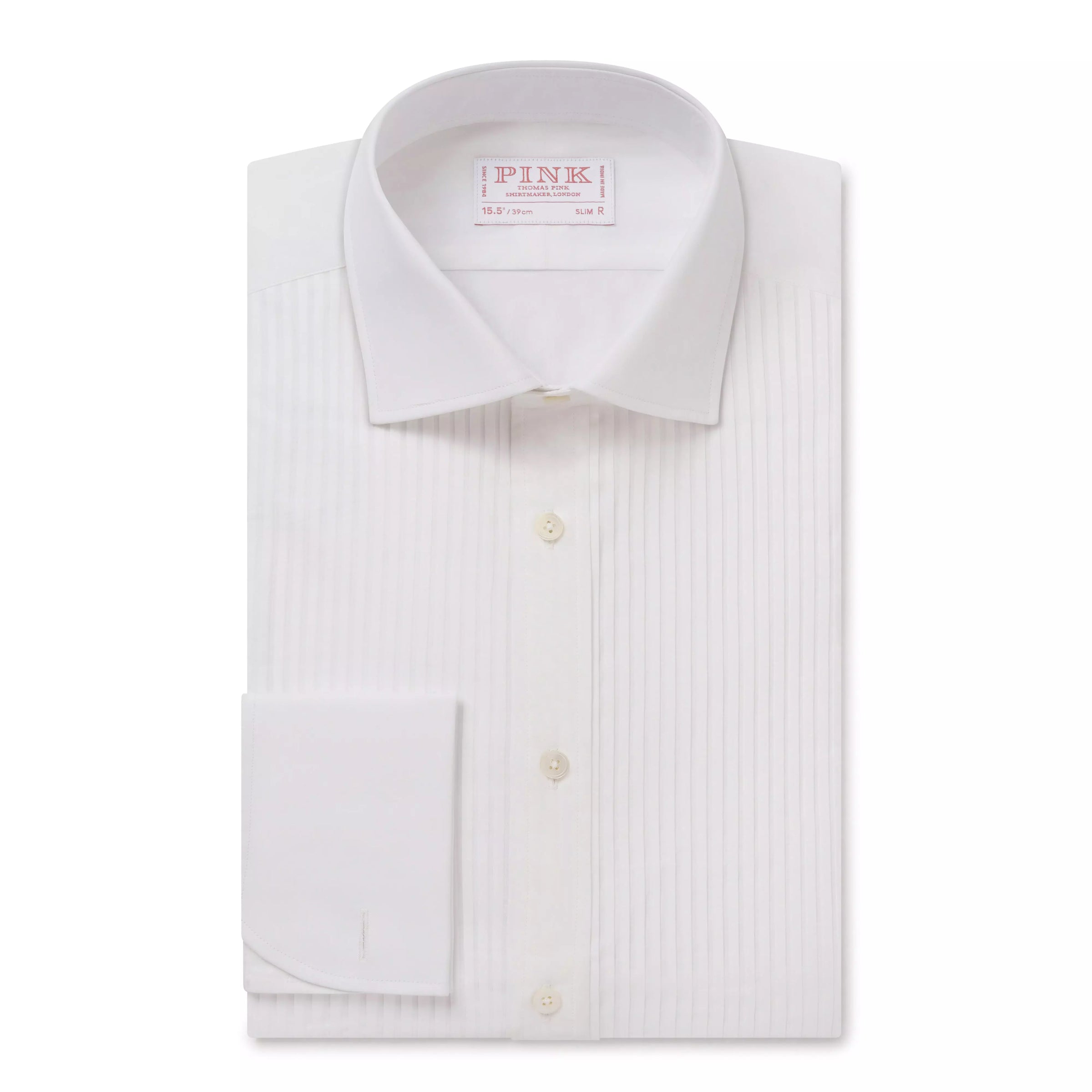 White Slim Fit Evening Double Cuff Pleat Front Plain Poplin Shirt